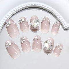 French Pearl Diamond（Handmade press on nails）/10Pcs Oval Nails
