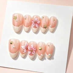 French 3D Flower Shell Starfish Presson on Nails 10Pcs Medium Almond Nails