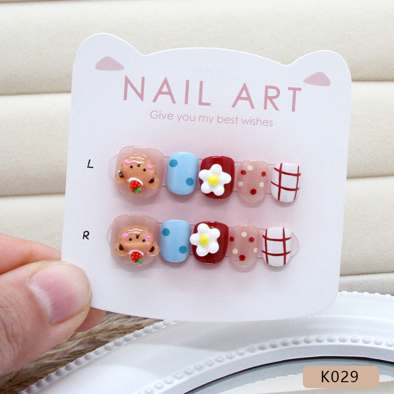 Polka Dot Bear Flowers（Handmade Press On Nails）/10Pcs Short Children's Nails