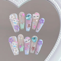 Dopamine Color Kitty Handmade press on Nails / 10Pcs Ballerina Nails