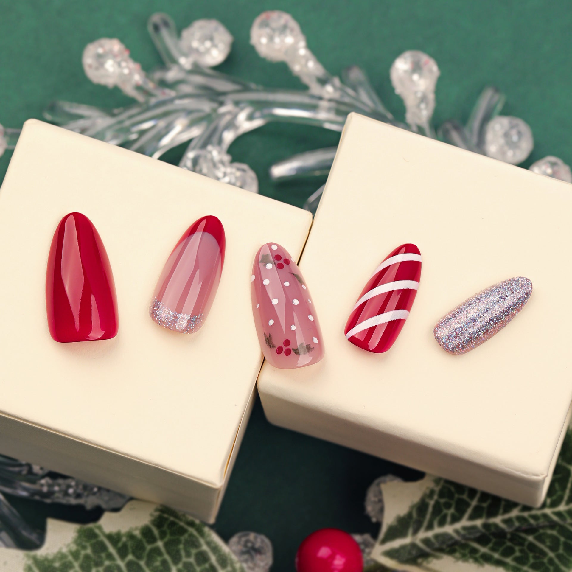 Red Candy Stripes Press on Nails 24Pcs Medium Almond Nails