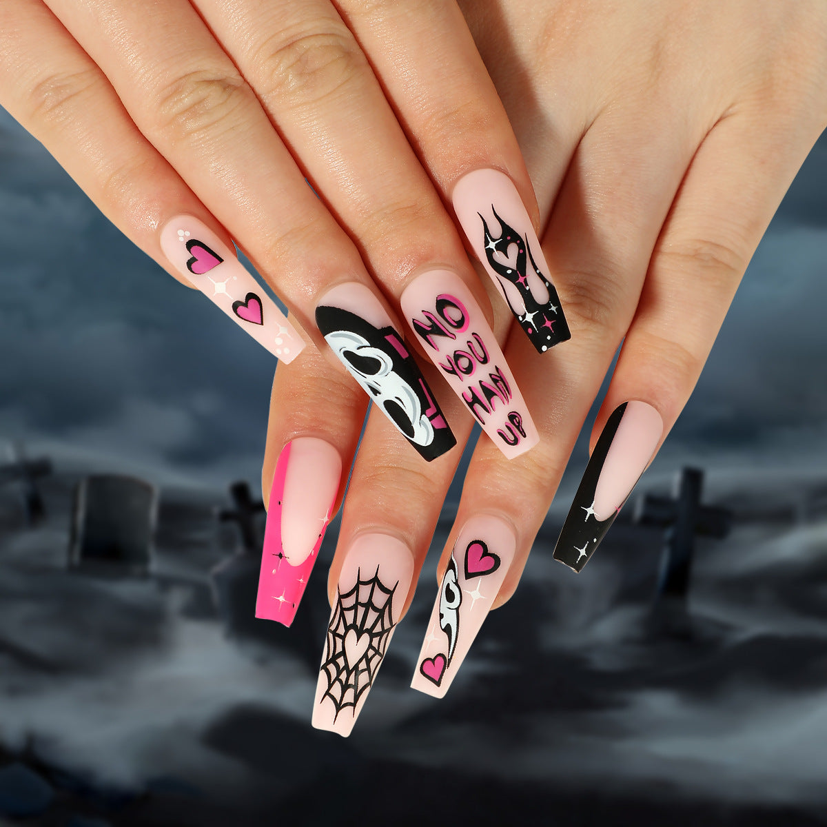 Ghost Love Flame Press on Nails 24Pcs Long Ballerina Nails  