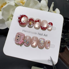 Hat Kitty Bow Cat Eye（Handmade press on nails）/10Pcs Oval Nails