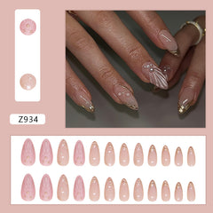 3D shell golden lines Pink Press on Nails 24Pcs Medium Almond Nails