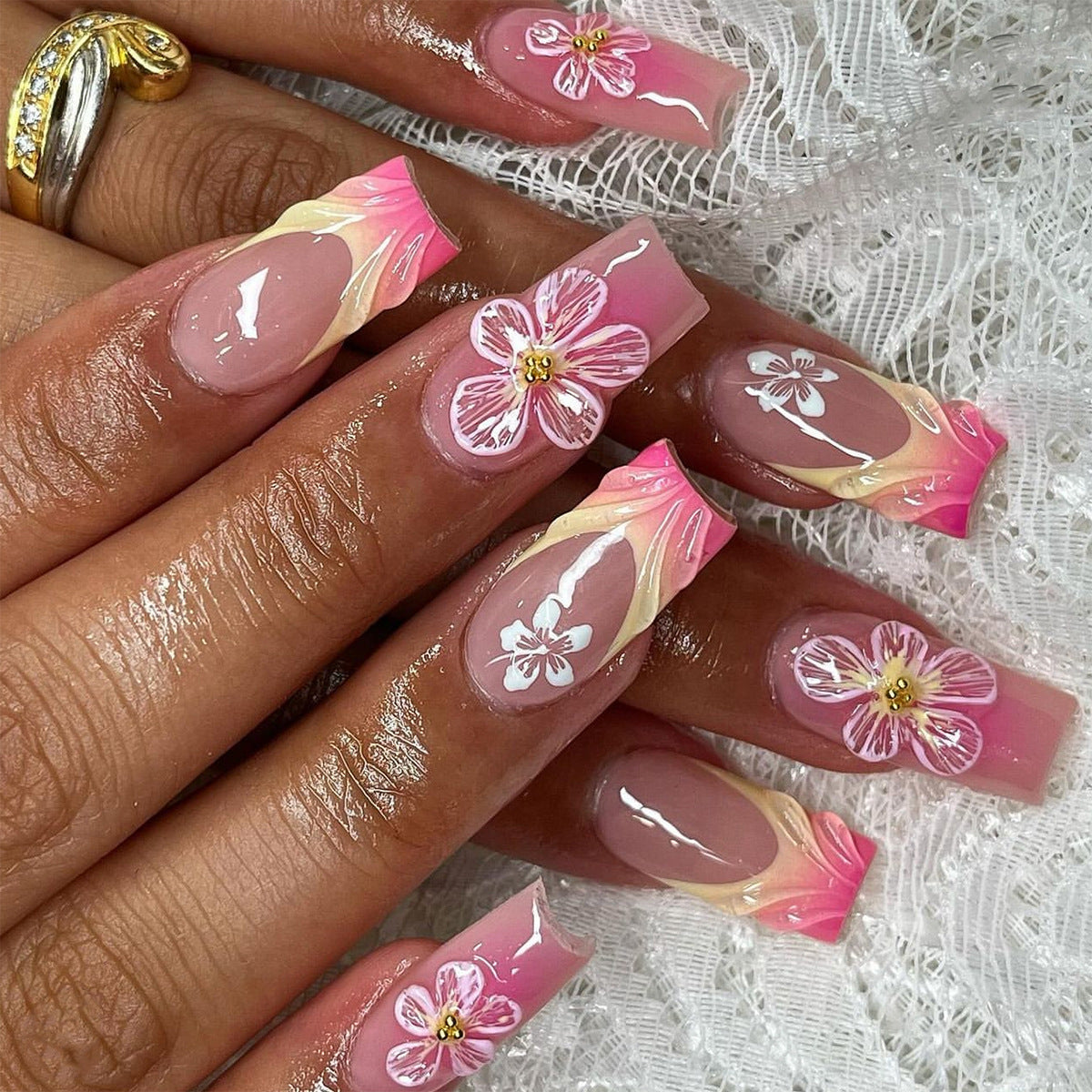 French Blush 3D Flowers Press on Nails 24Pcs Medium Squoval  Nails