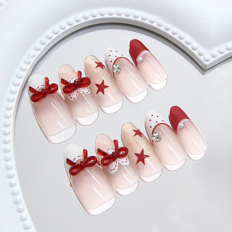French Polka Dot Bow Press on Nails 24Pcs Medium Almond Nails