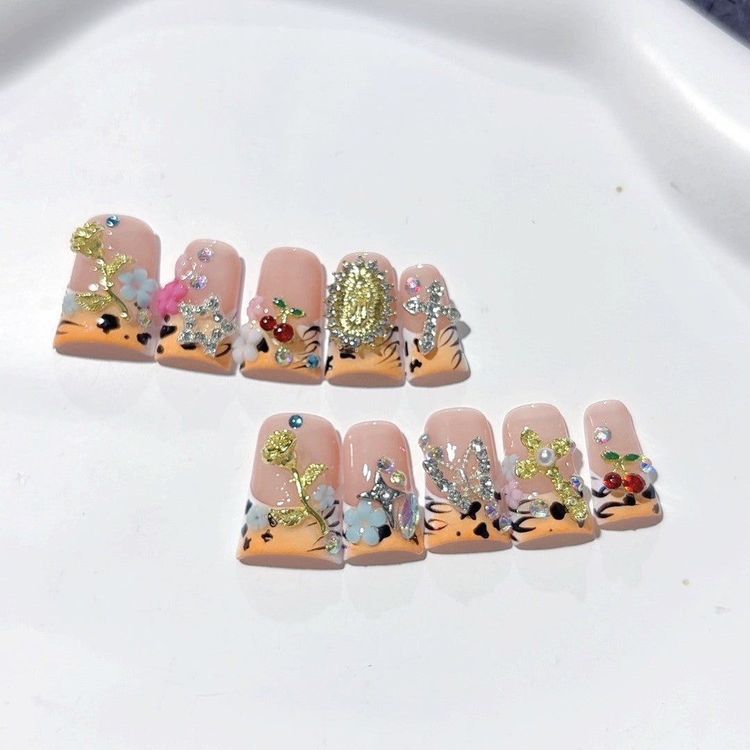 Leopard Bloom（Handmade press on nails）/10Pcs Square Nails