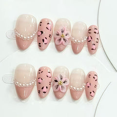 Pink Pearl Leopard Print Press on Nails 10Pcs Short Almond Nails