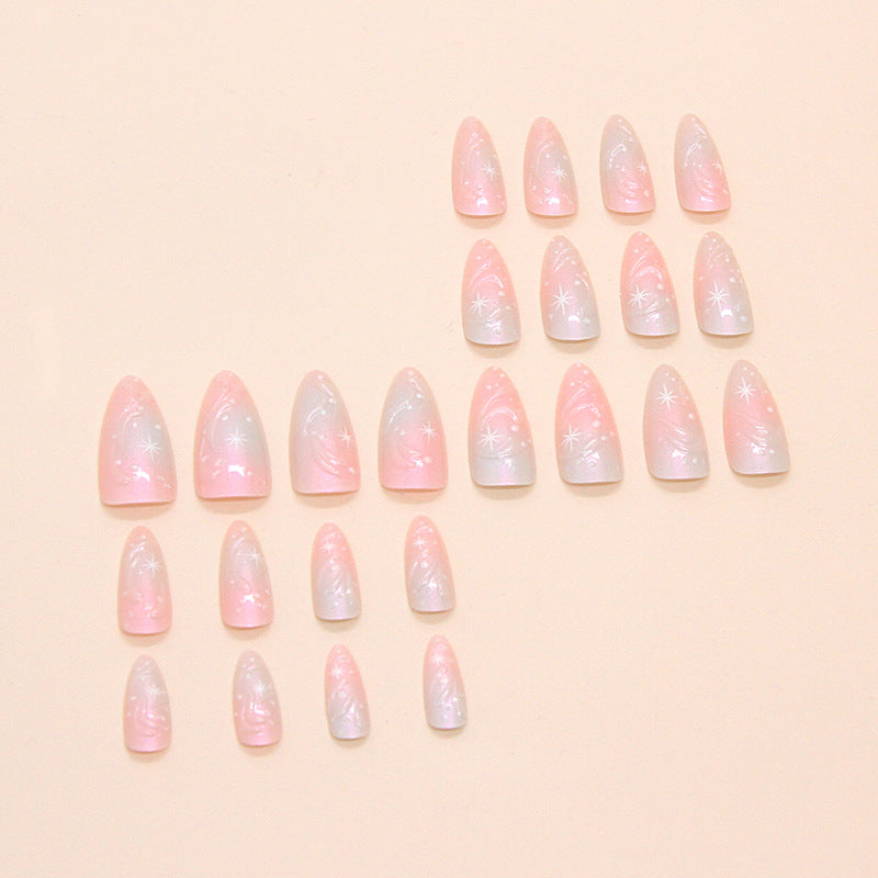 Pearlescent Pink Blue Gradient Color Press on Nails 24Pcs Medium Almond Nails