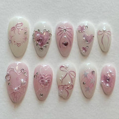 Cute bow diamond Pink Press on Nails 24Pcs Medium Almond Nails