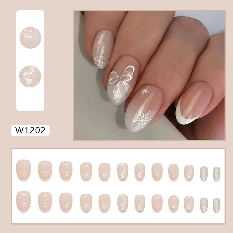 Snowflake Bow Press on Nails 24Pcs Short Oval Nails