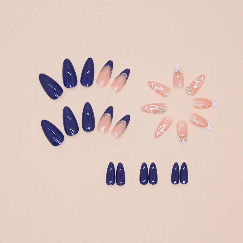 Blue Diamond Press on Nails 24Pcs Medium Almond Nails