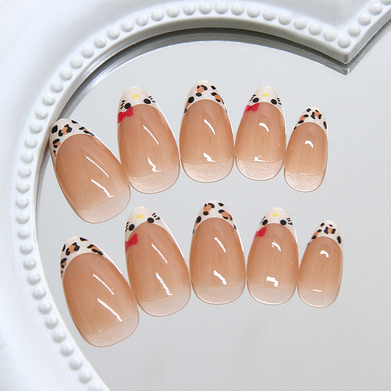 French Leopard Print Kitty Presson on Nails 24Pcs Medium Almond Nails