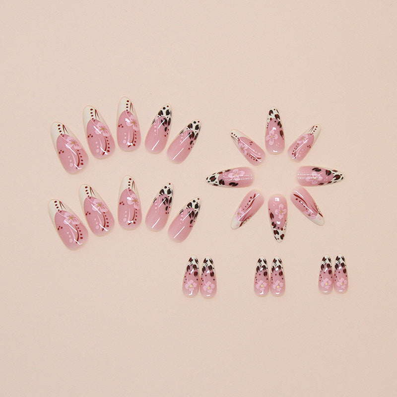 Leopard Print Flower Pink Press on Nails 24Pcs Medium Almond Nails