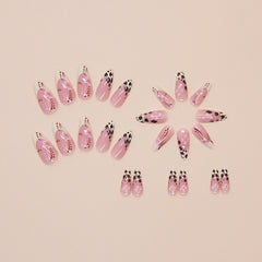 Leopard Print Flower Pink Press on Nails 24Pcs Medium Almond Nails