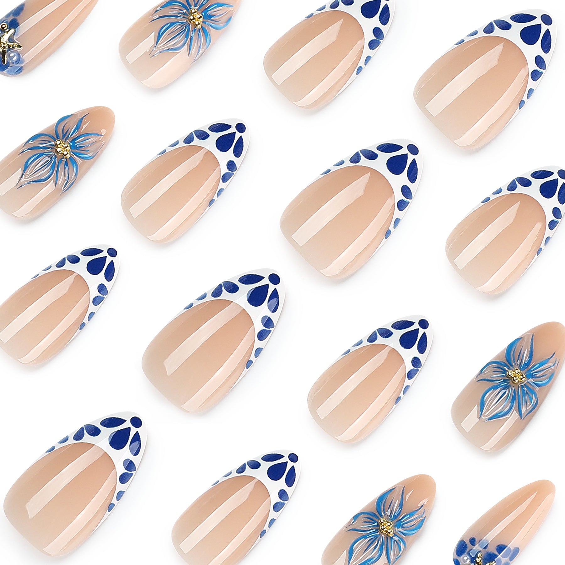 Blue & White 3D Flower Presson on Nails 24Pcs Medium Almond Nails