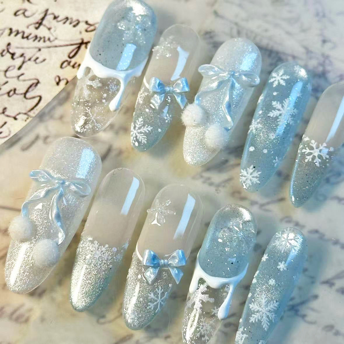 Winter Confession Blue Cat Eye（Handmade press on nails）/10Pcs Almond Nails