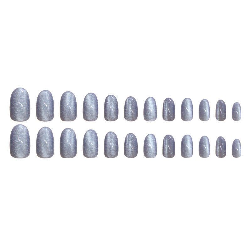 Gypsophila Cat Eye Blue Press on Nails 24Pcs Short Oval Nails