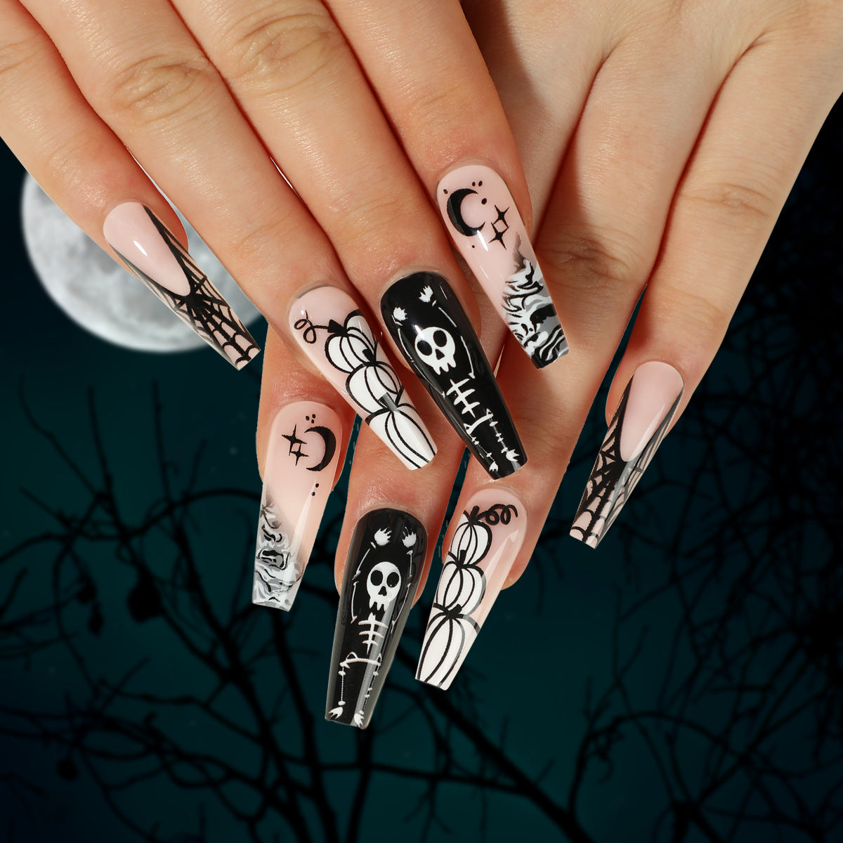 Spider Web Pumpkin Press on Nails 24Pcs Long Ballerina Nails  