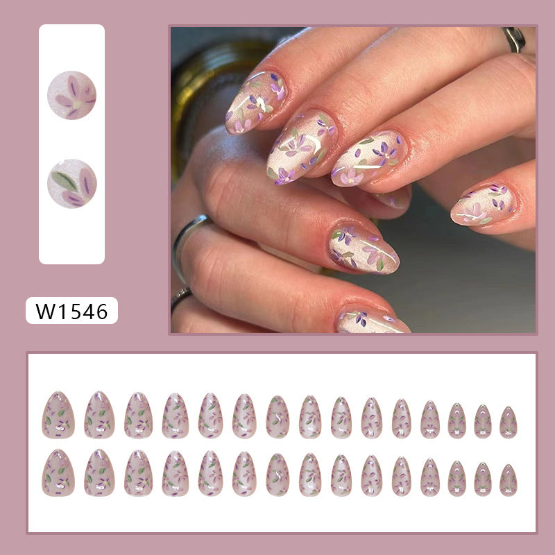 Cat Eye Purple Flowers Press on Nails 30Pcs Short Almond Nails