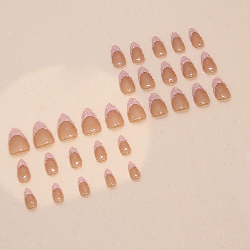 3D Line French Pink Press on Nails 24Pcs Short Almond Nails