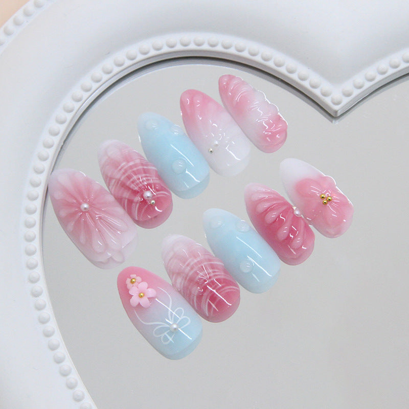 Ripple Bow Flower Pearl Gradient on Nails 24Pcs Medium Almond Nails
