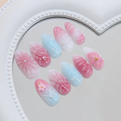 Ripple Bow Flower Pearl Gradient on Nails 24Pcs Medium Almond Nails