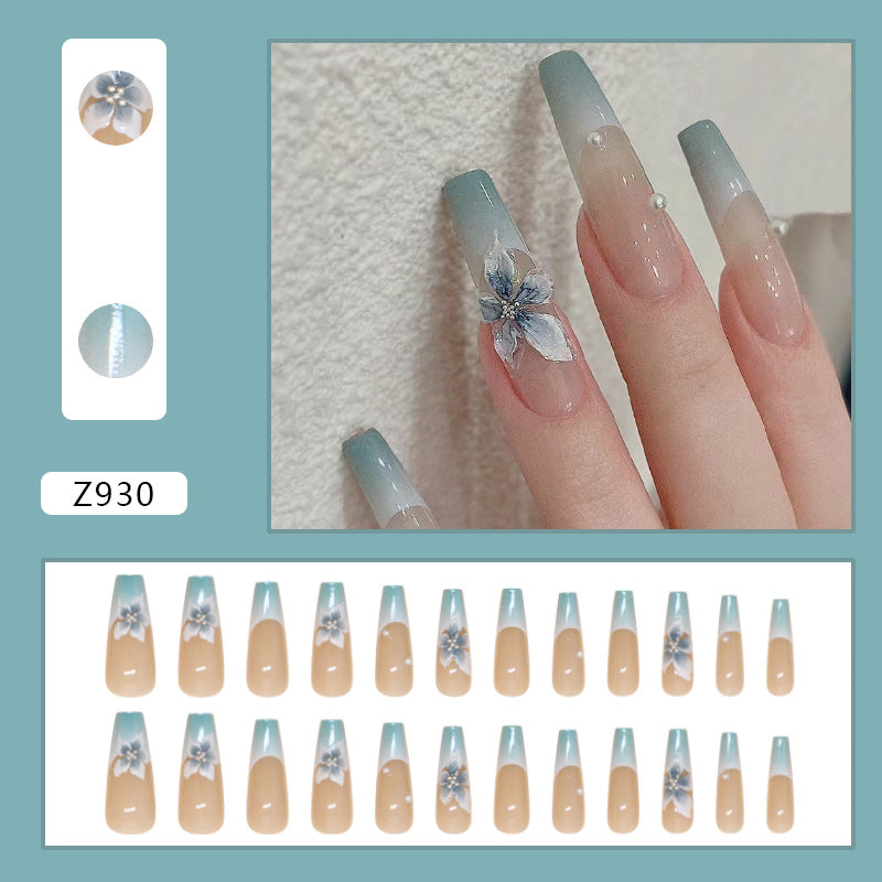 French 3D Orchid Blue Press on Nails 24Pcs Long Ballerina Nails