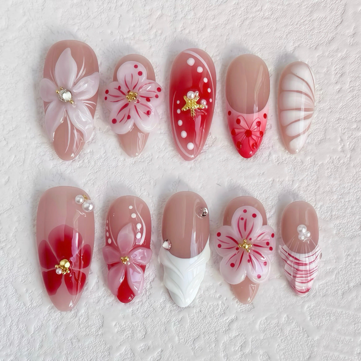 Cherry Bloom Press on Nails 10Pcs Medium Almond Nails
