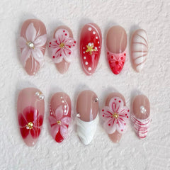 Cherry Bloom Press on Nails 10Pcs Medium Almond Nails