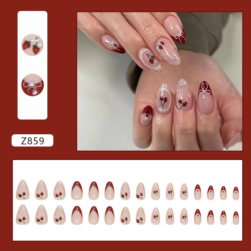 Cherry Pearls Press on Nails 24Pcs Short Almond Nails