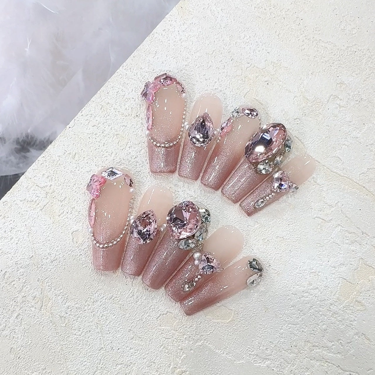 Pink Gradient Cat's Eye Diamond Handmade press on Nails / 10Pcs  Ballerina Nails