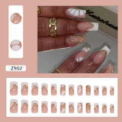 French 3D Line Flower White Press on Nails 24Pcs Medium Squoval Nails