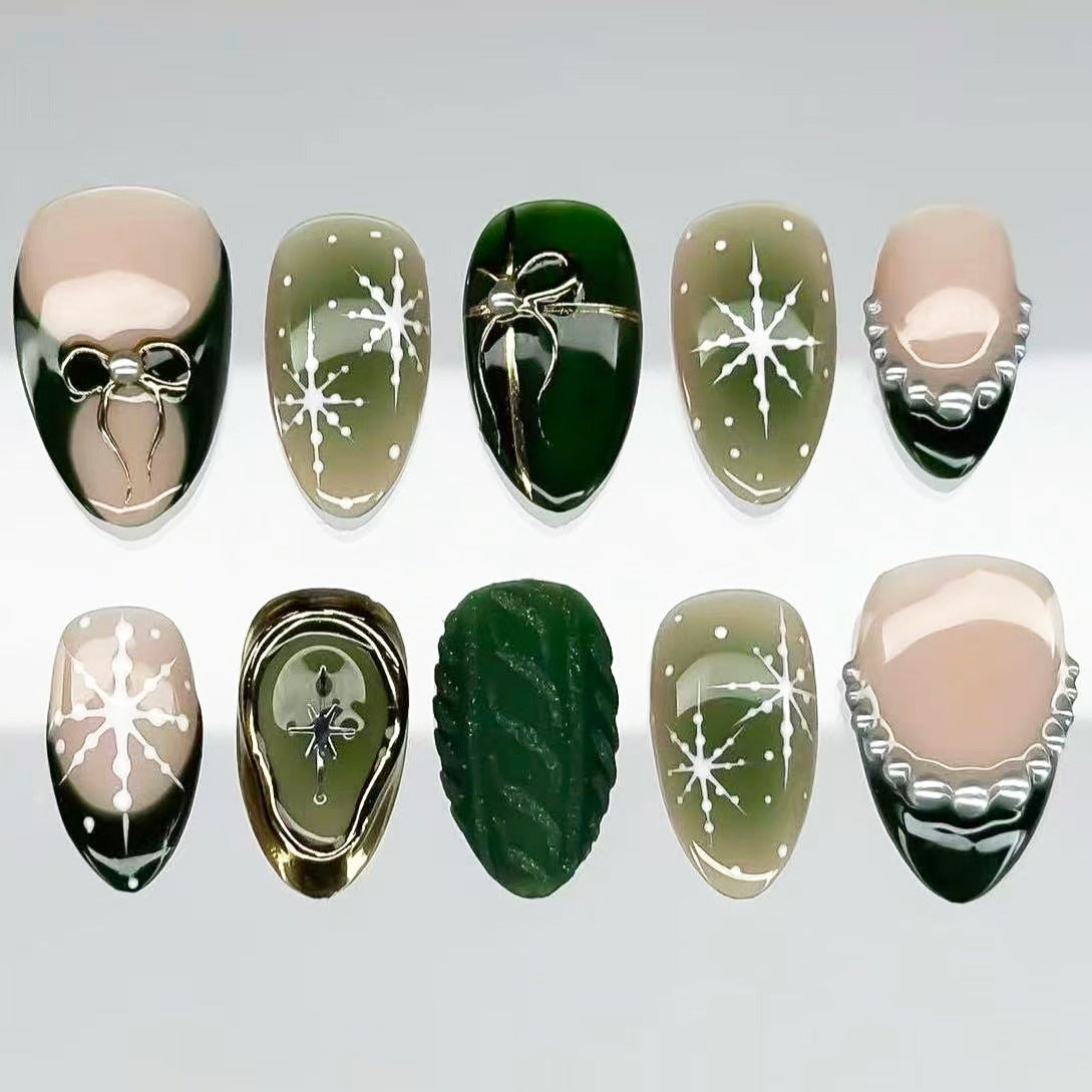 Green Cat Eye Christmas Presson on Nails 10Pcs Medium Almond Nails