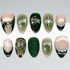 Green Cat Eye Christmas Presson on Nails 10Pcs Medium Almond Nails