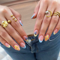French Blueberry Blossom Press on Nails 10Pcs Medium Almond Nails