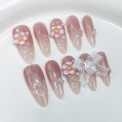 Cat's Eye Ice FlowerHandmade press on Nails / 10Pcs Almond Nails