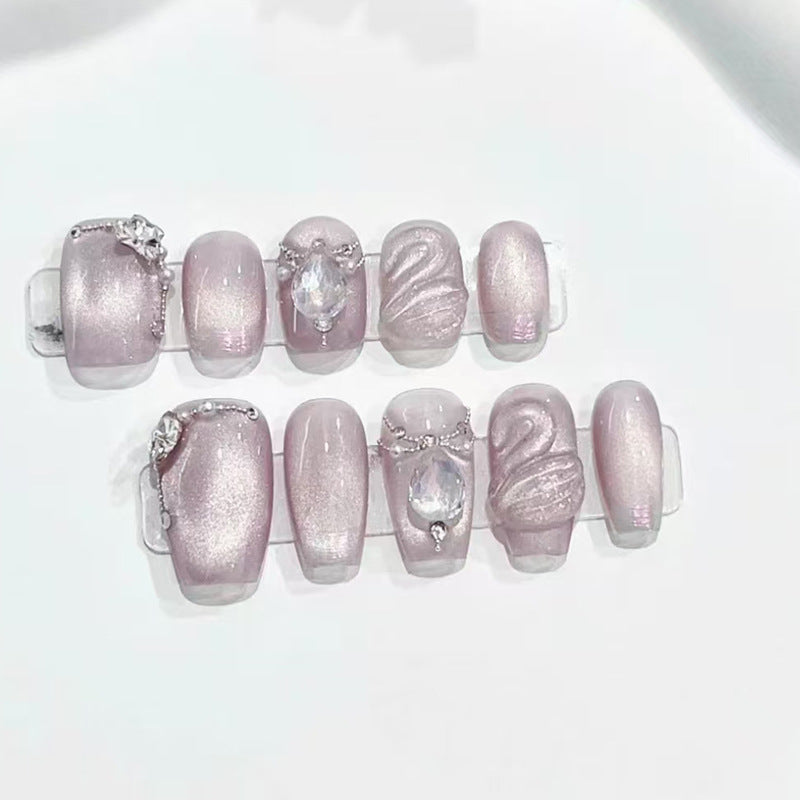 Diamond Swan Cat Eye Gradient（Handmade press on nails）/10Pcs Squoval  Nails