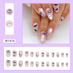 Purple Pumpkin Ghost Press on Nails 24Pcs Medium Oval Nails  