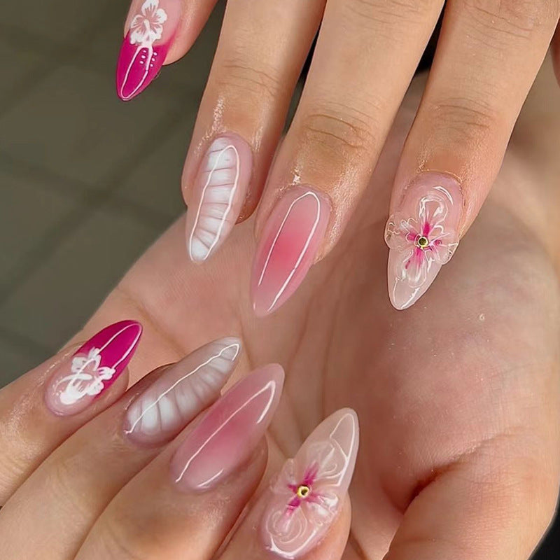 Blush 3D Flowers Pink Press on Nails 24Pcs Short Almond Nails