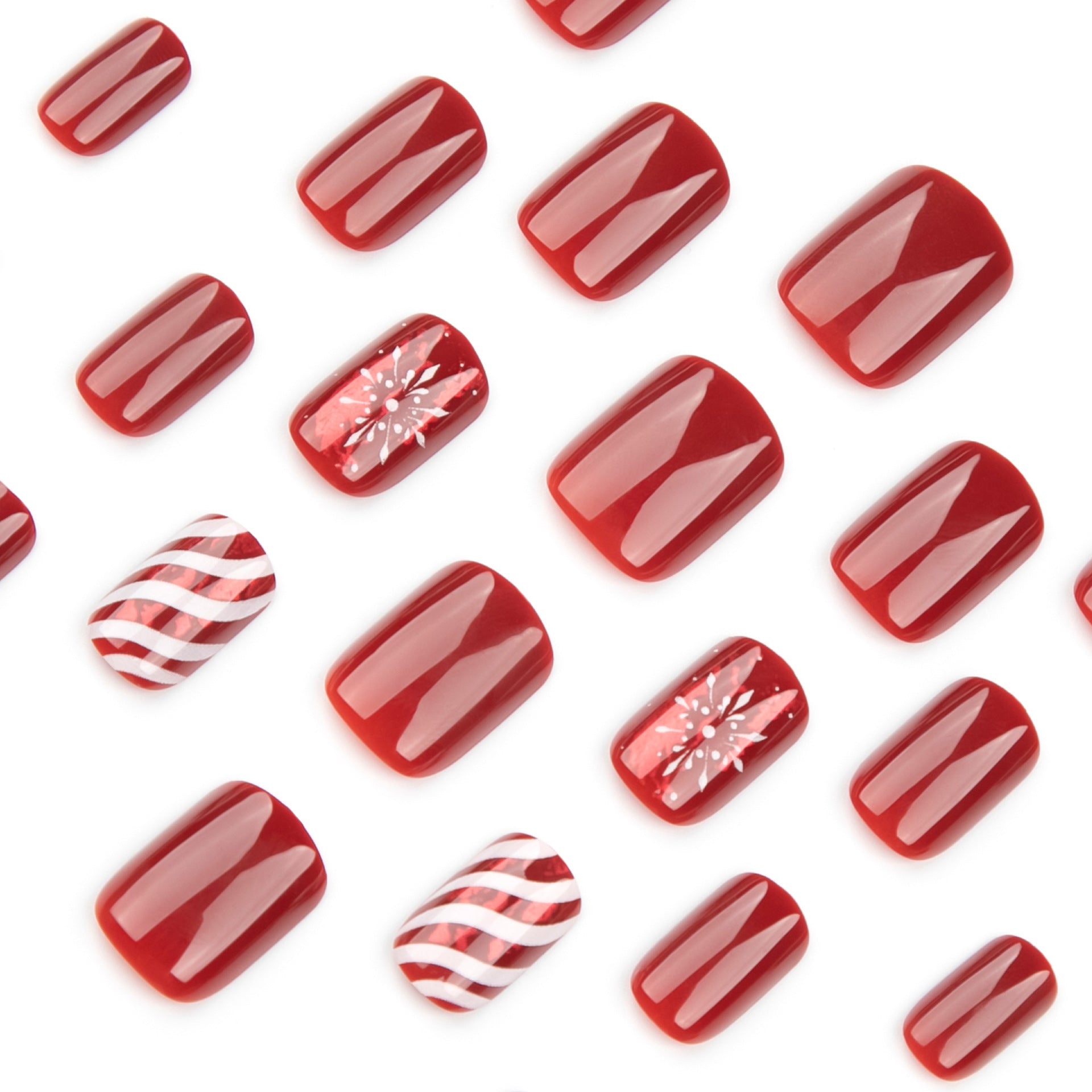 Candy Striped Snowflakes Press on Nails 24Pcs Short Squoval  Nails