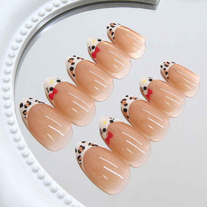 French Leopard Print Kitty Presson on Nails 24Pcs Medium Almond Nails