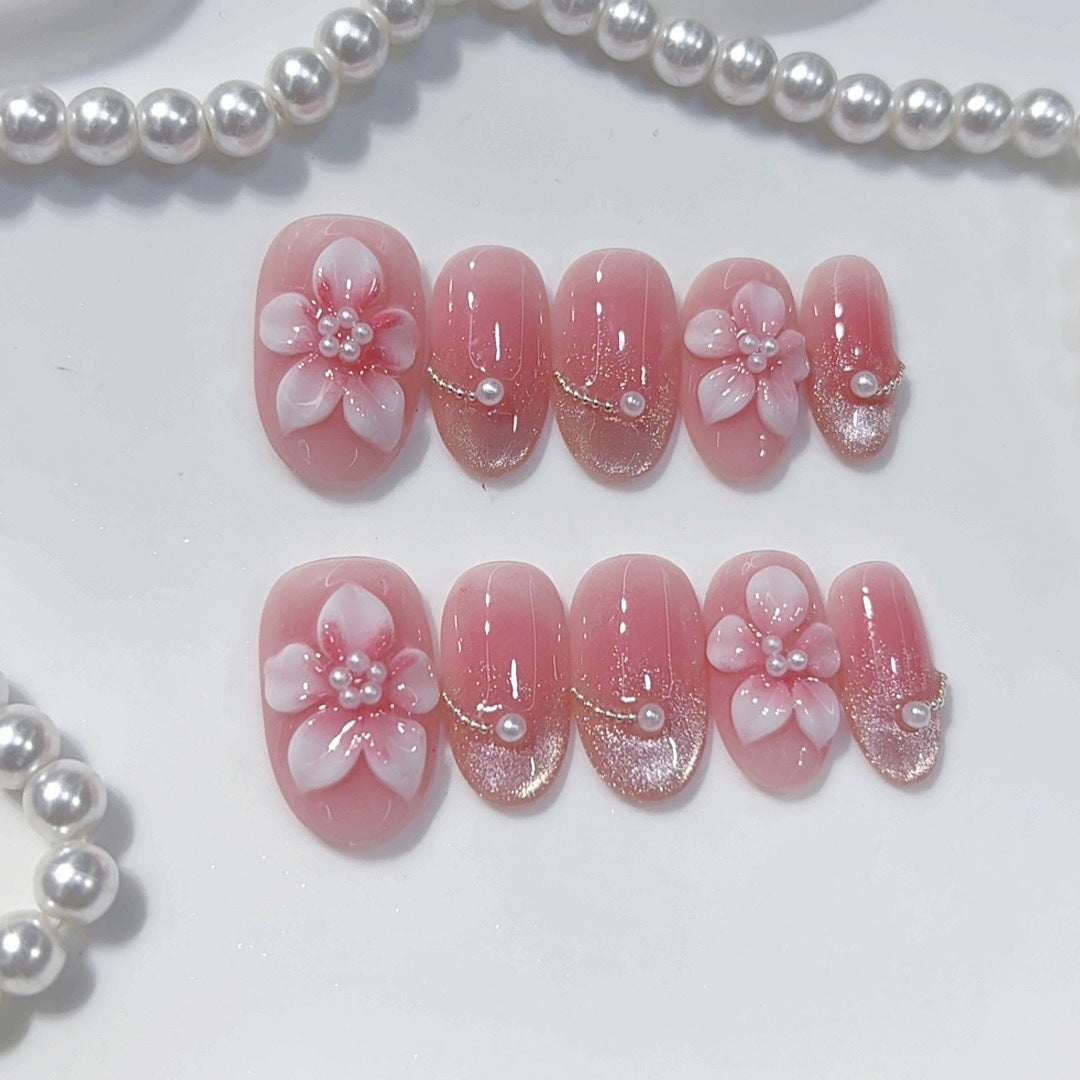 Sea Salt Powder Carved Cat Eye（Handmade press on nails）/10Pcs Oval Nails