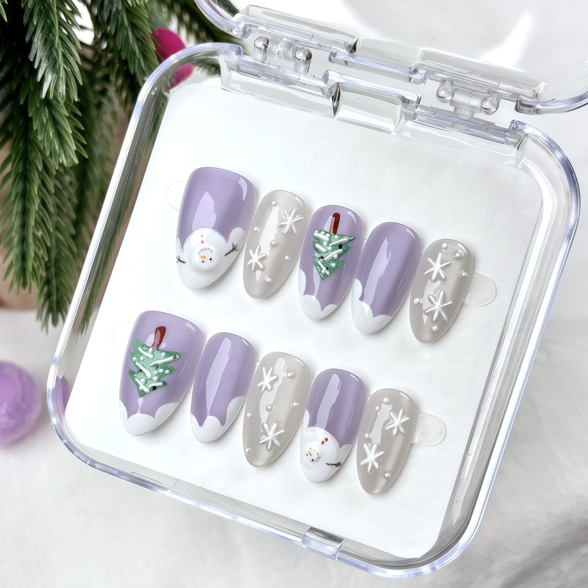 Christmas Tree Snowman Presson on Nails 10Pcs Medium Almond Nails