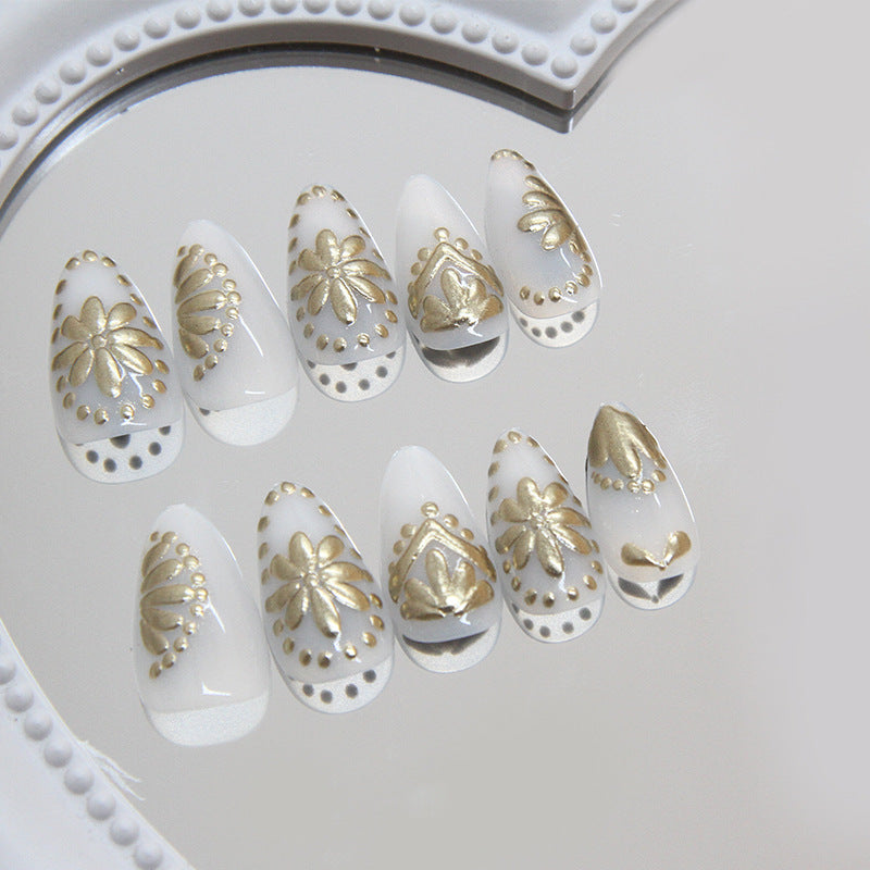 3D Golden Flower White Press on Nails 24Pcs Short Almond Nails