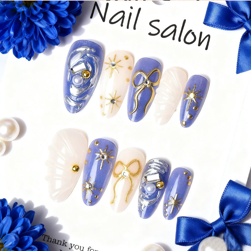 Gilt Star Bow And Diamond Press on Nails 24Pcs Medium Almond Nails