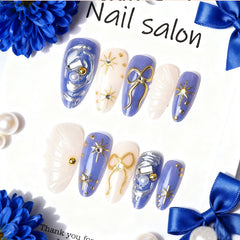 Gilt Star Bow And Diamond Press on Nails 24Pcs Medium Almond Nails