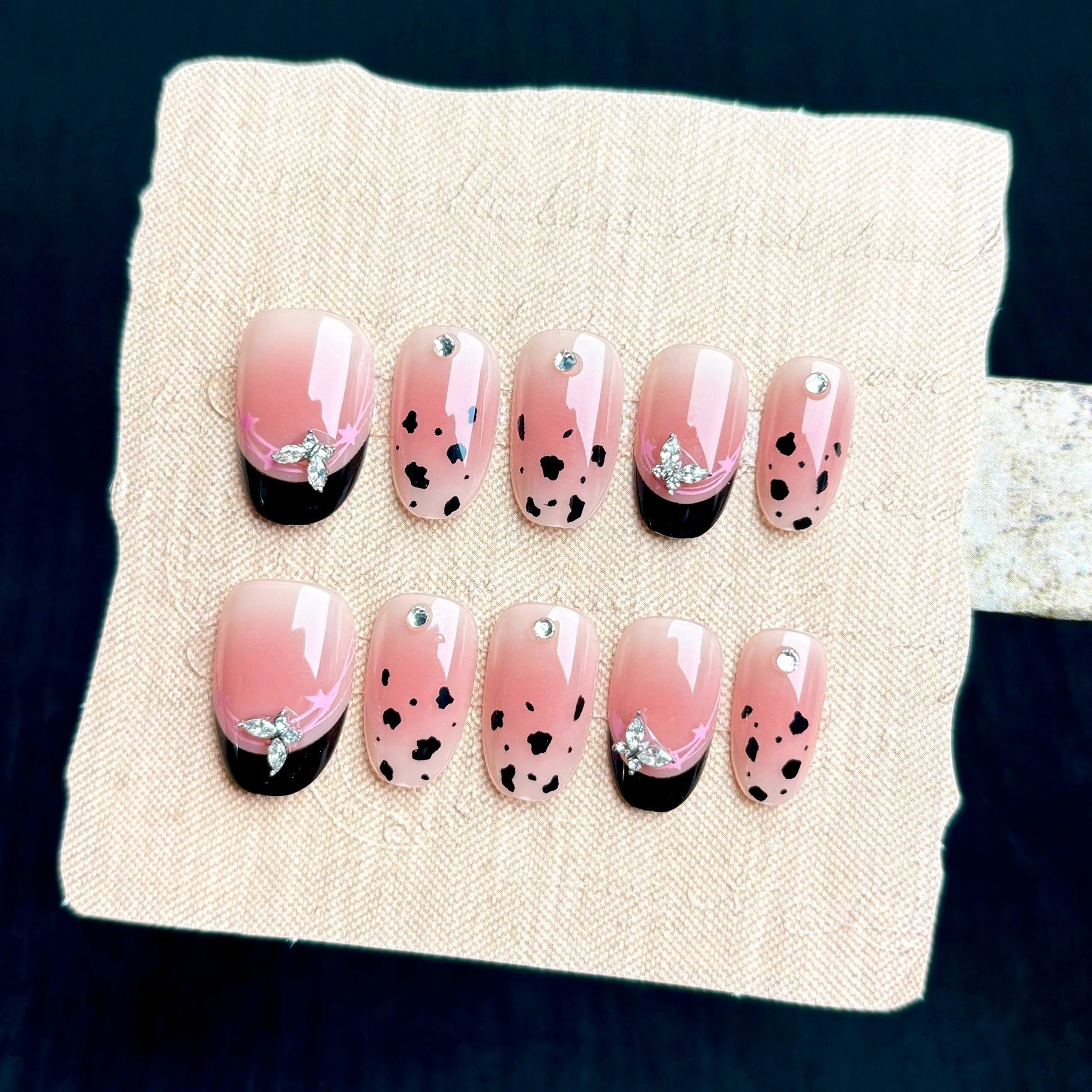 Leopard Black French Butterfly Cat Eye（Handmade press on nails）/10Pcs Oval Nails