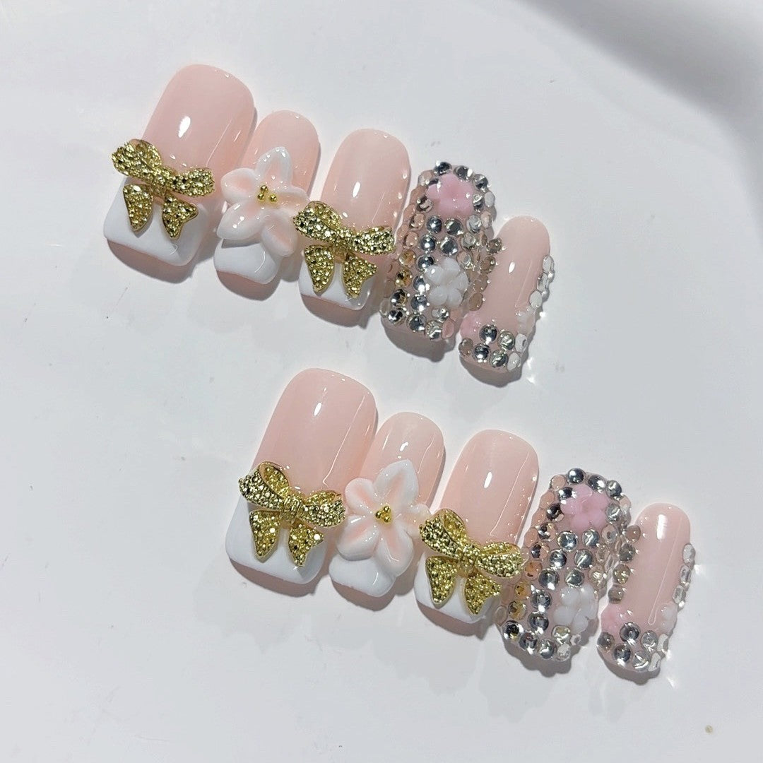 Carved Diamond Bow（Handmade press on nails）/10Pcs Ballerina Nails