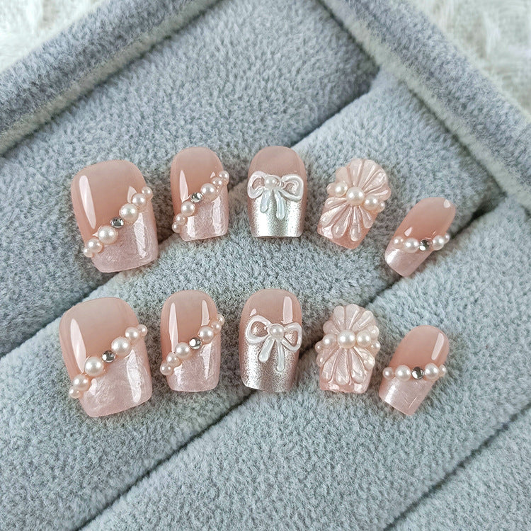 Bow Crystal Flower（Handmade press on nails）/10Pcs Square Nails
